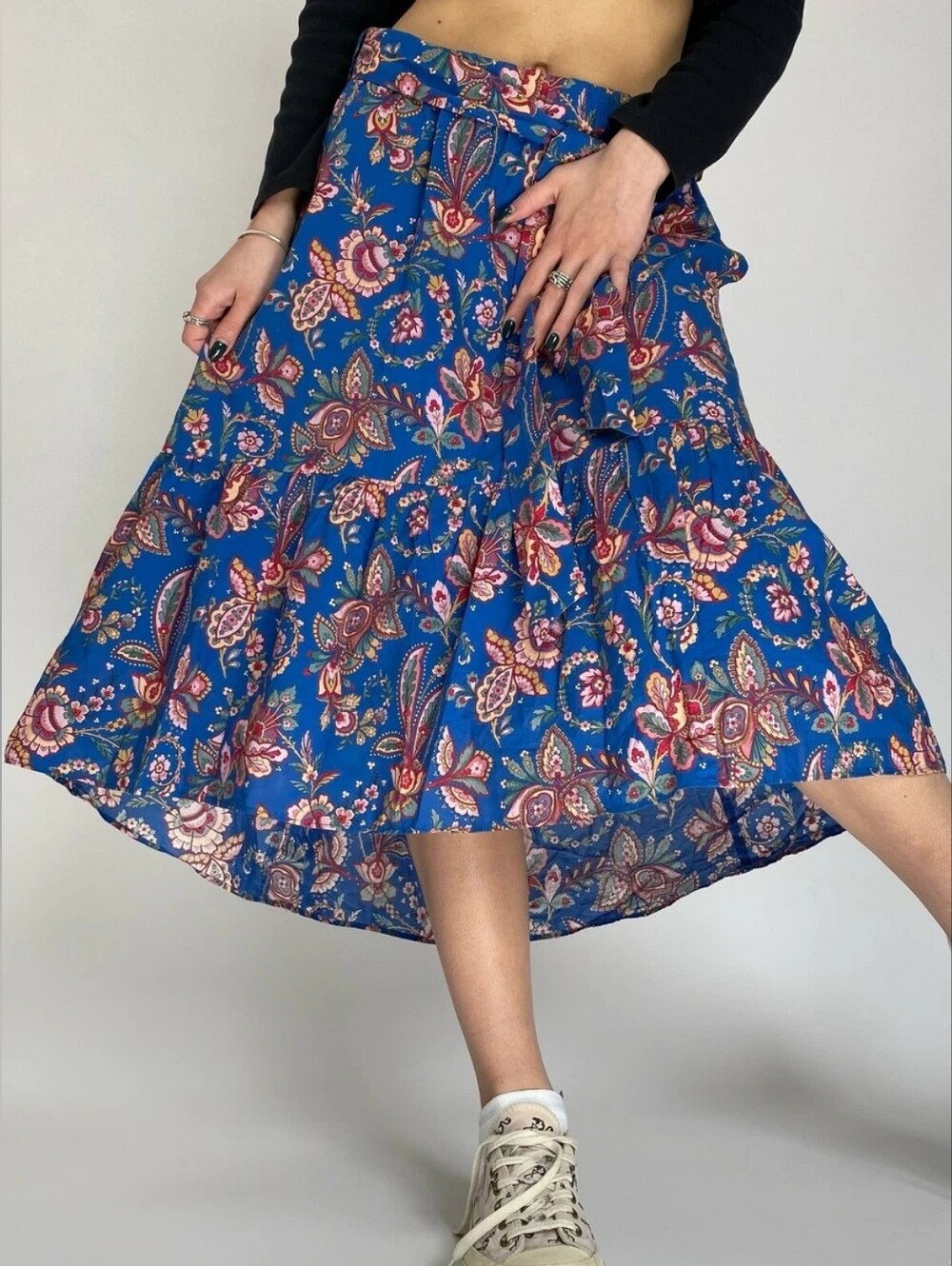 NWT J. Crew Belted Pull-On Midi Skirt, Liberty Flora Belle Blue, Size 6